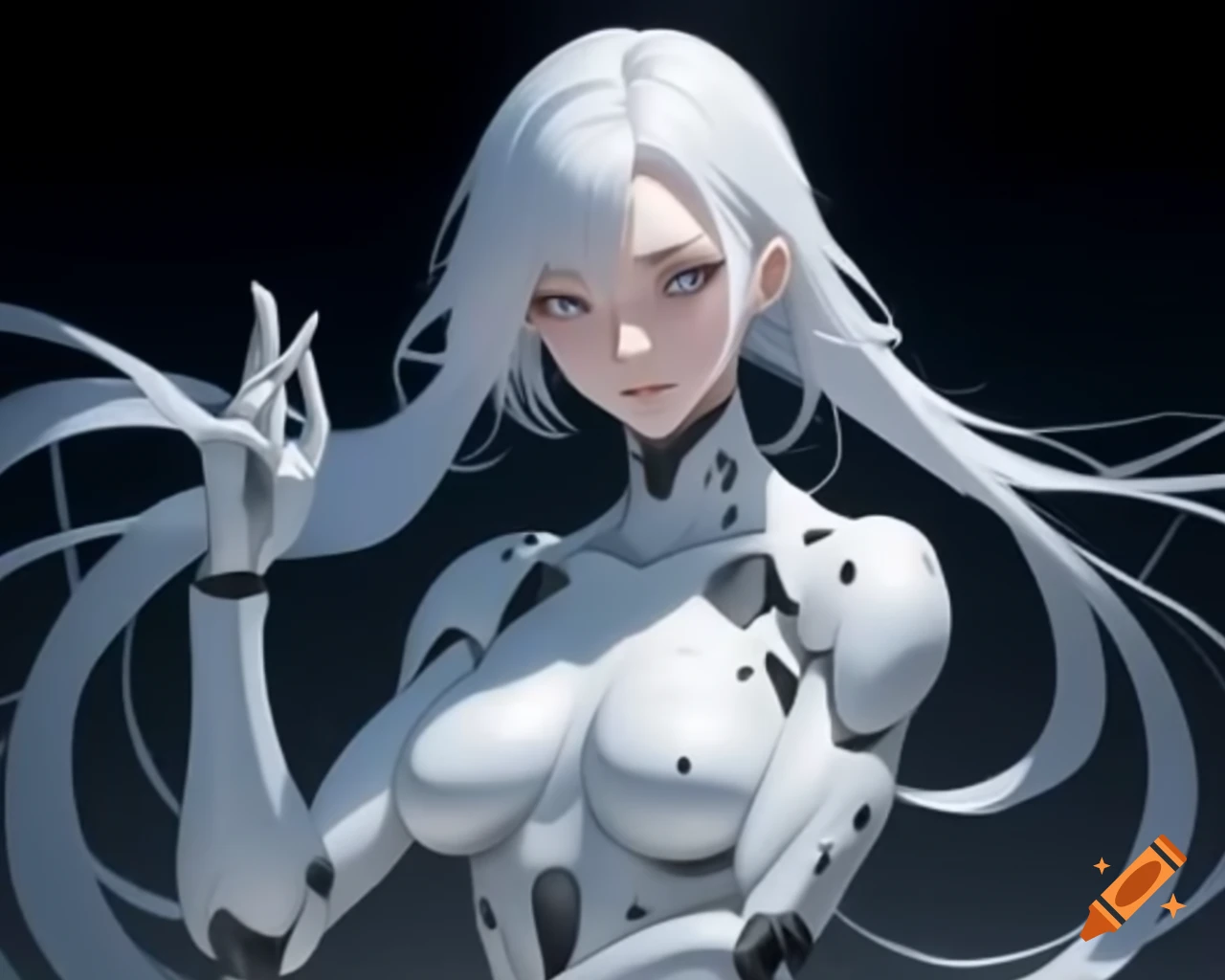 Futuristic anime-style female cyborg in white bodysuit with mechanical components