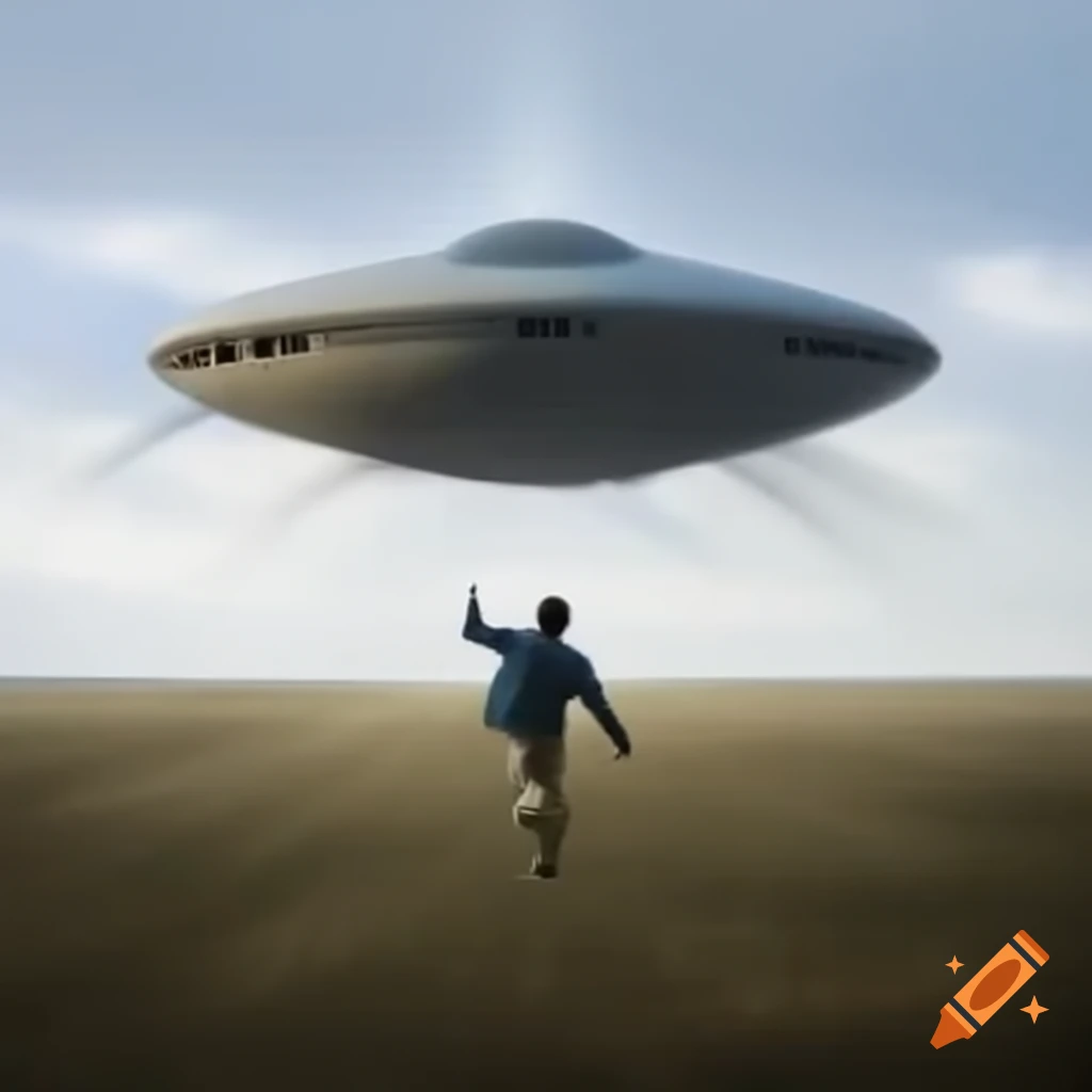 Person running away from large UFO in a vast field