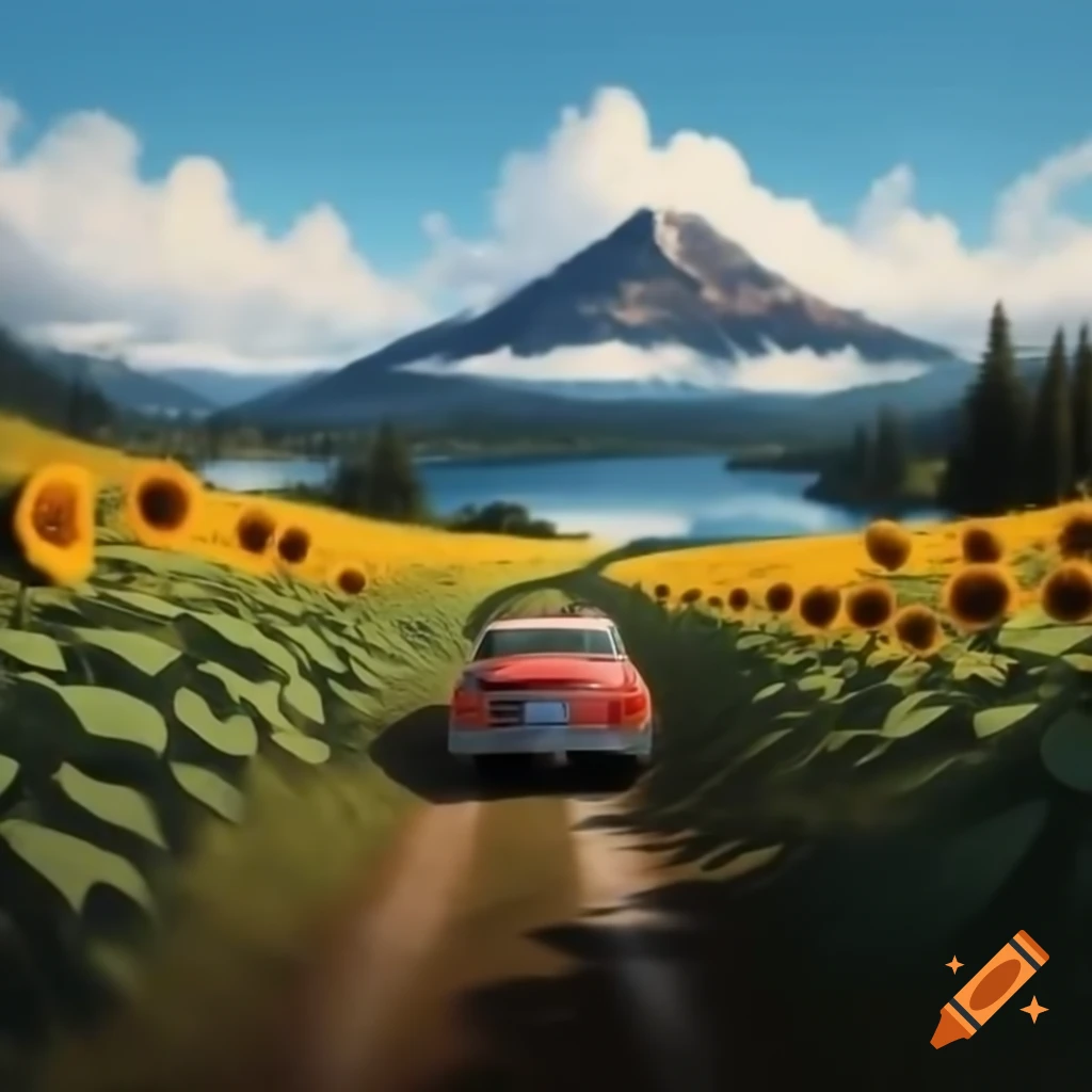 Vintage car driving through beautiful mountain scenery near lake