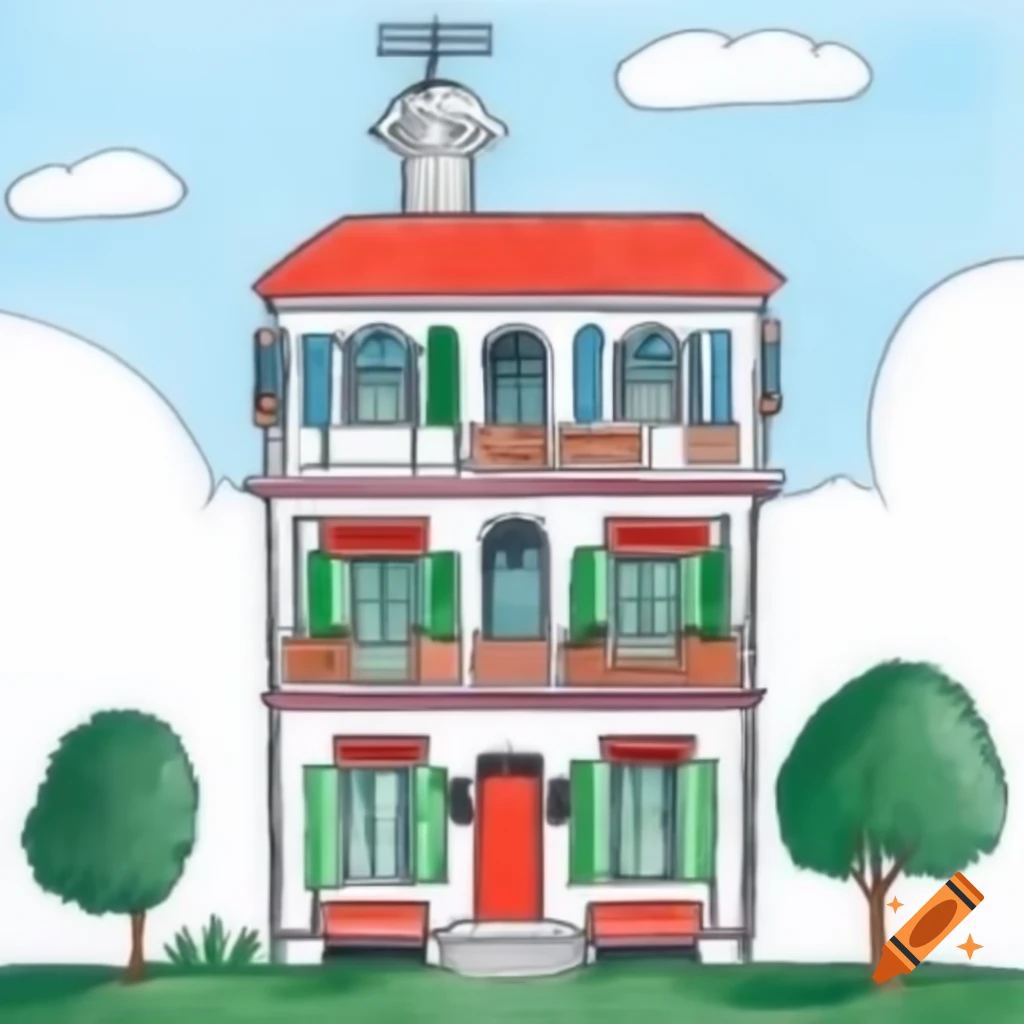 Five-story fancy house with colorful balconies and antennas near a park