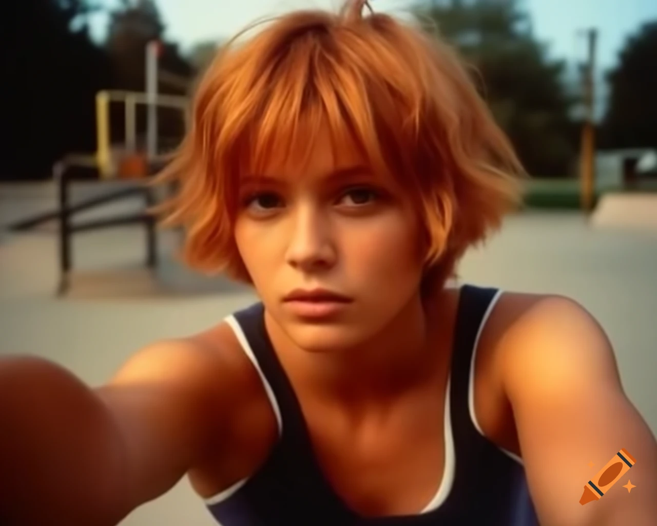 Hyper-realistic selfie of French female delinquent with ginger hair in tank top at skate park