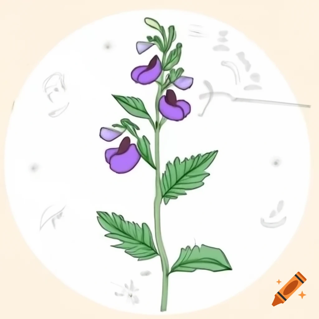 Line drawing of sweet pea plant with purple flowers and serrated leaves on white background