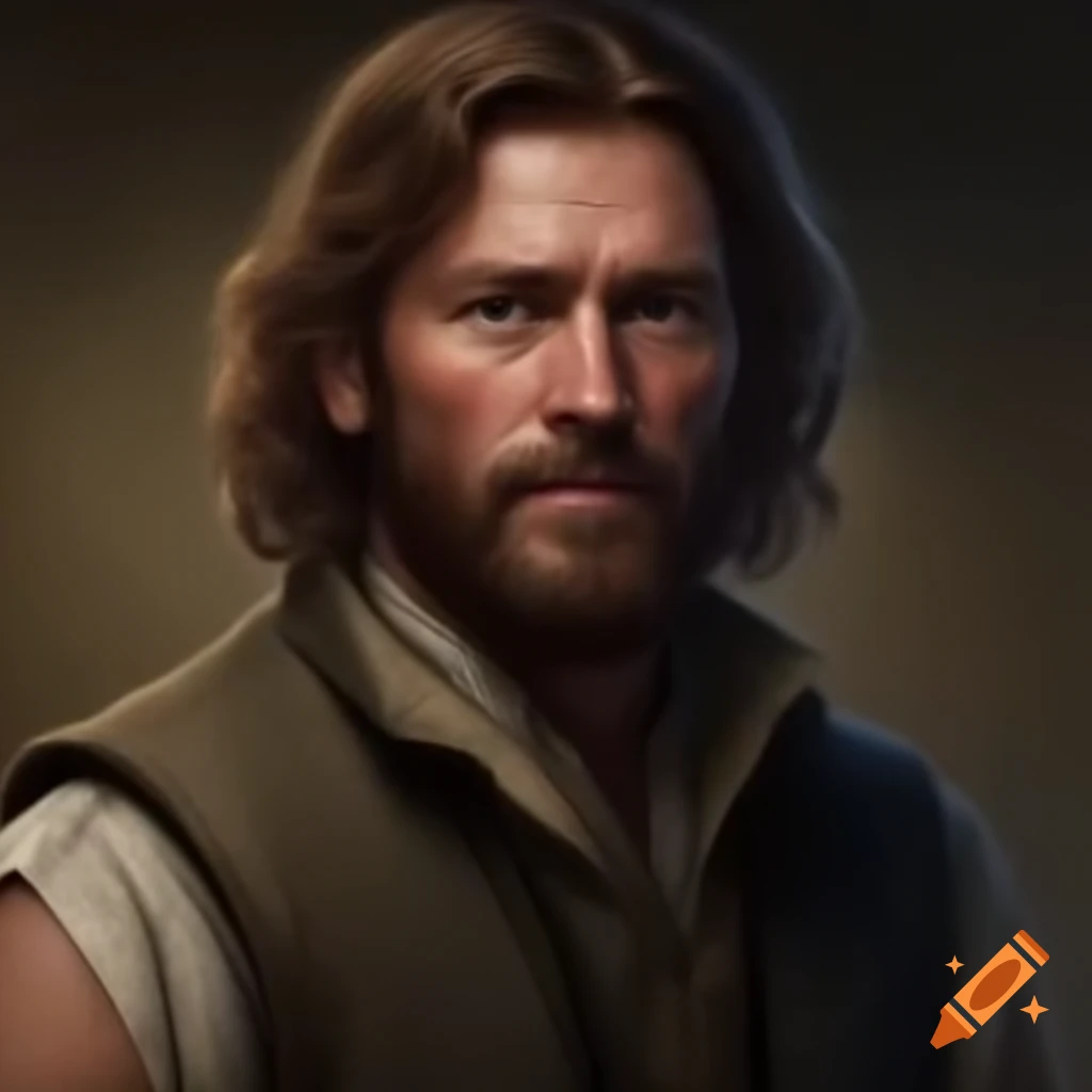 Realistic portrait of a thin medieval country farmer in sleeveless jacket