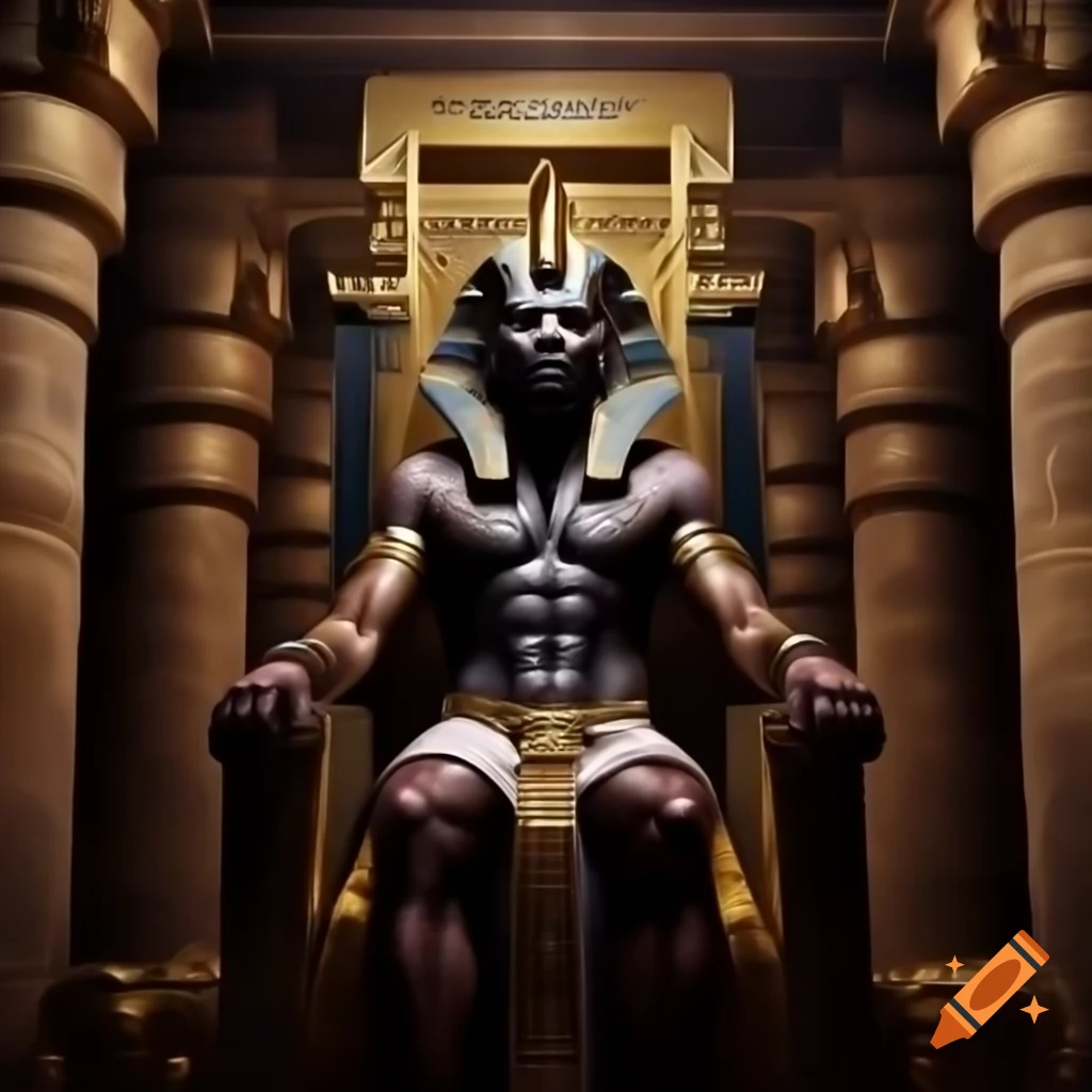 Black Pharaoh seated on intricately designed throne with carvings and golden accents