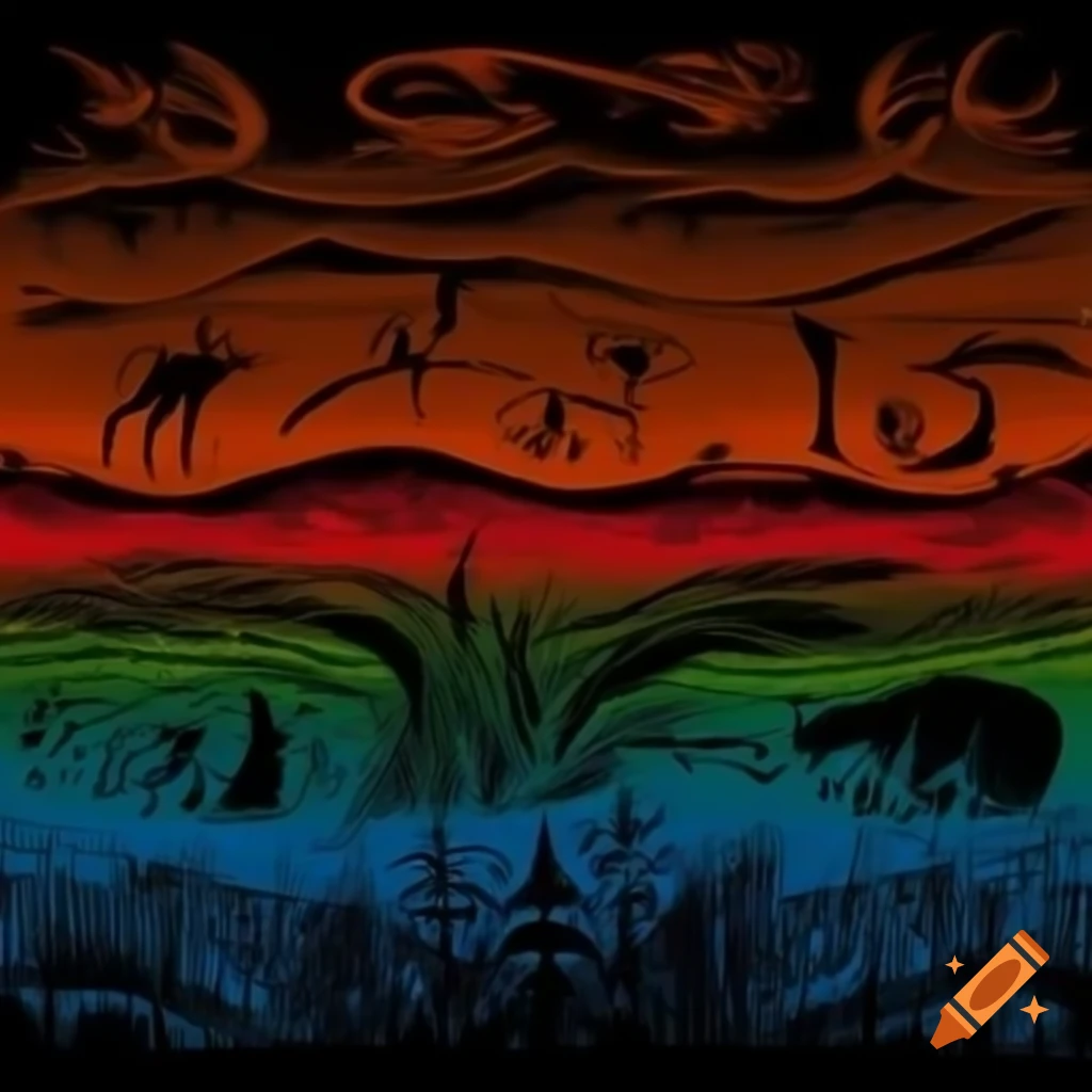 Color serigraph of native Salish motifs featuring fantasy creatures and animal-human hybrids