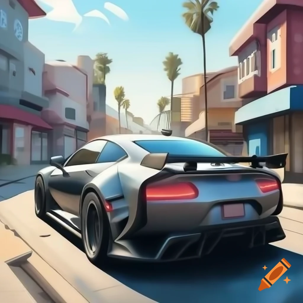 Cyberpunk sports car driving past graffiti-covered houses on a sunny day