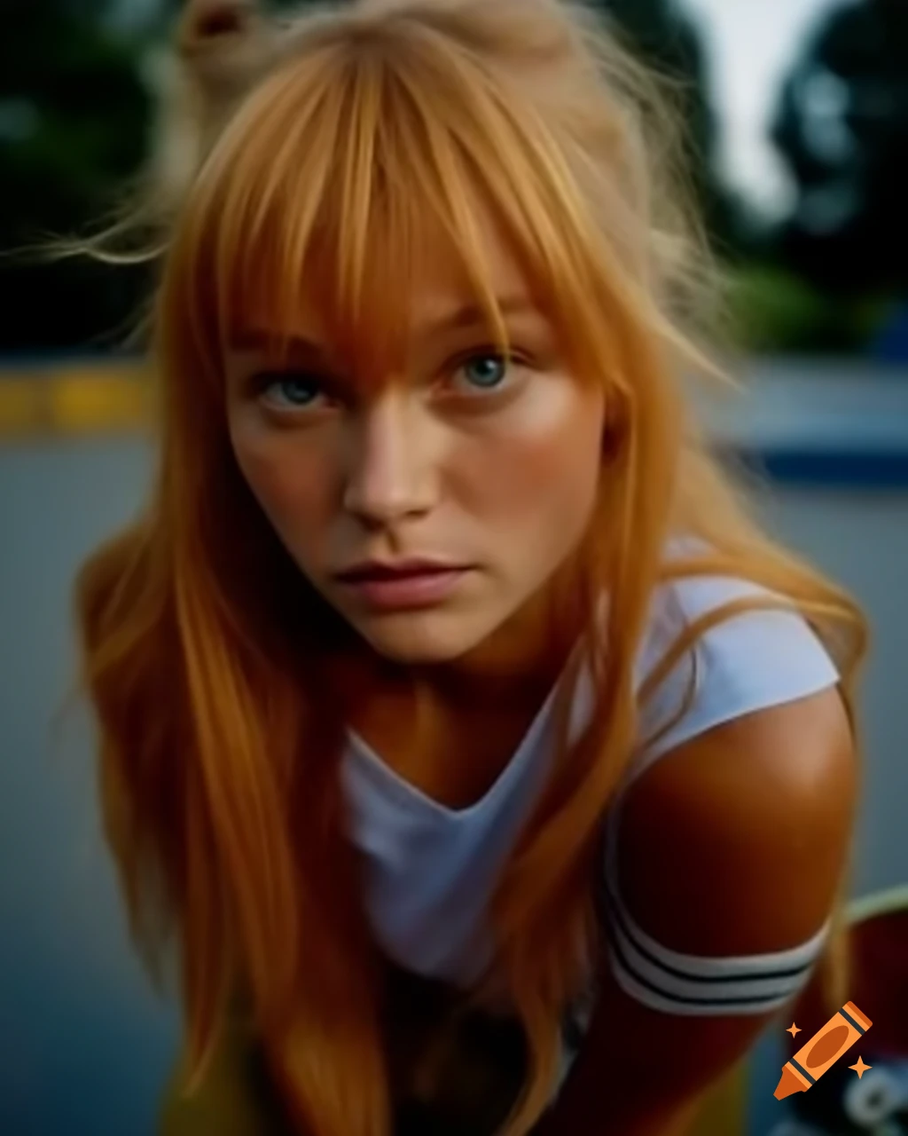 Tsundere grumpy blushing Asuka Langley on skateboard in skate-park, hyper-realistic details