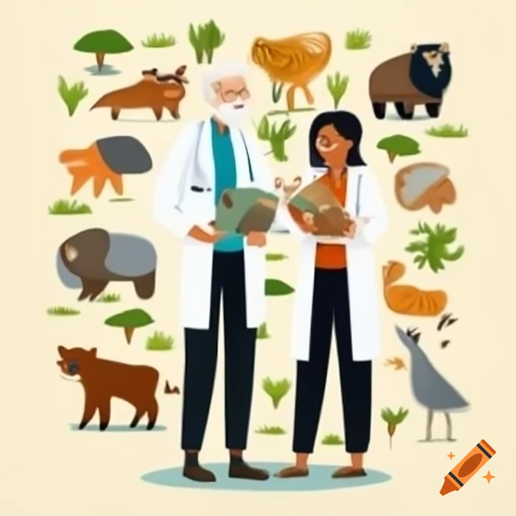 Cartoon veterinarians, white man and black woman, surrounded by various wild animals