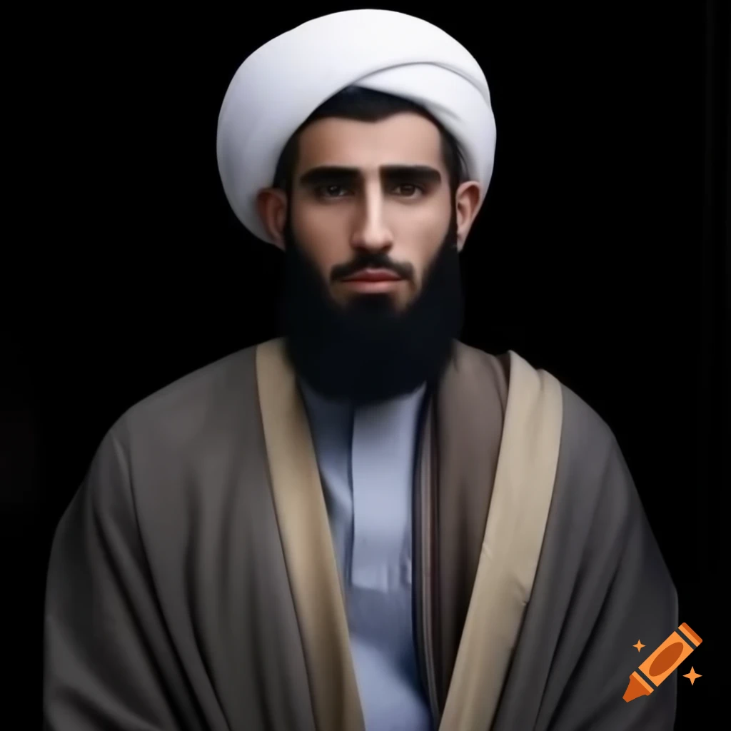 Mufti model in traditional Islamic attire with turban and serene expression in scholarly setting