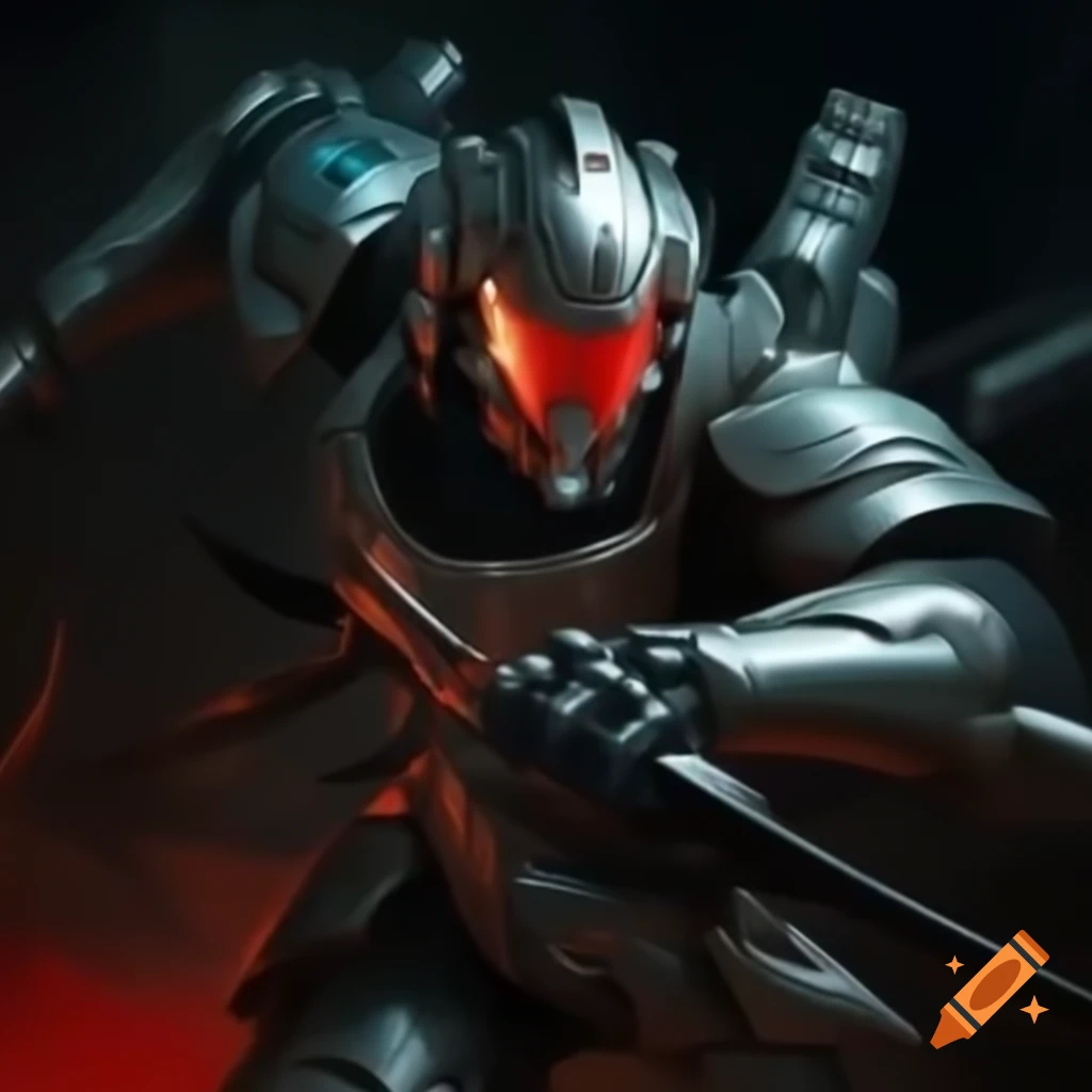 Man in futuristic silver armor with red visor and mechanical tentacles