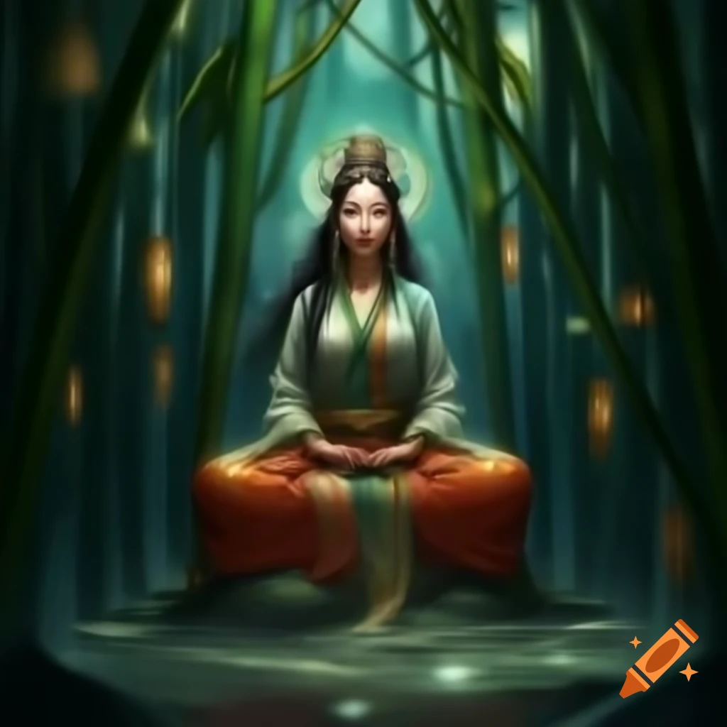 Chinese-Indian goddess meditating in bamboo groove under stars with magical silk
