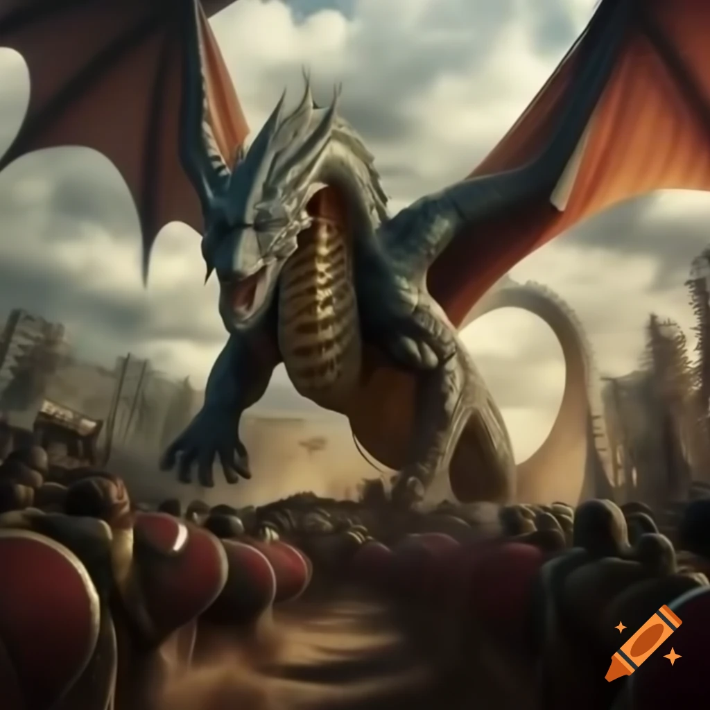 Giant dragon attacking ancient soldiers