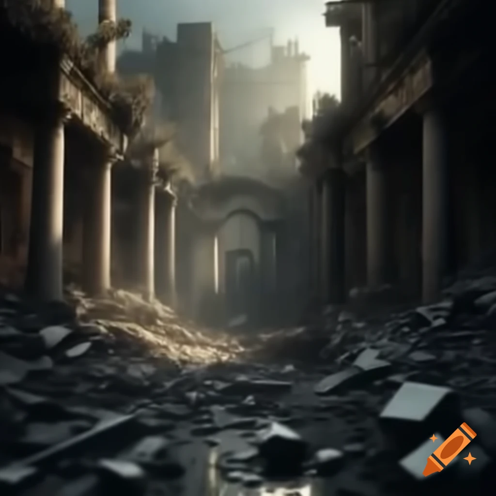 Ruined cityscape with crumbling buildings and overgrown vegetation