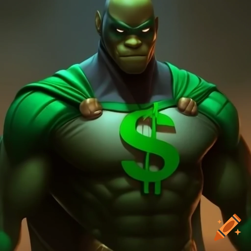 Money-themed superhero in green with dollar sign symbol and expensive watch