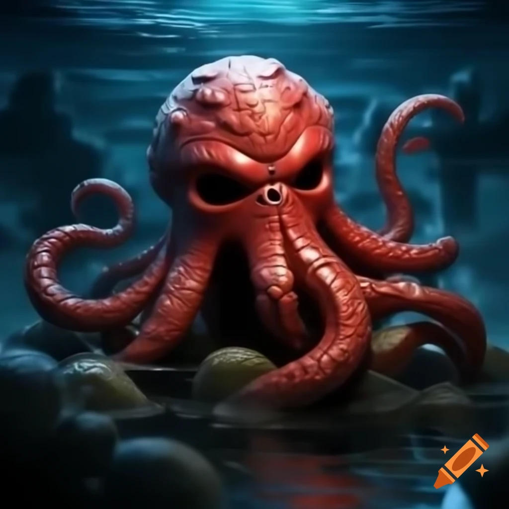 Realistic animatronic kraken attacking from water in artistic style