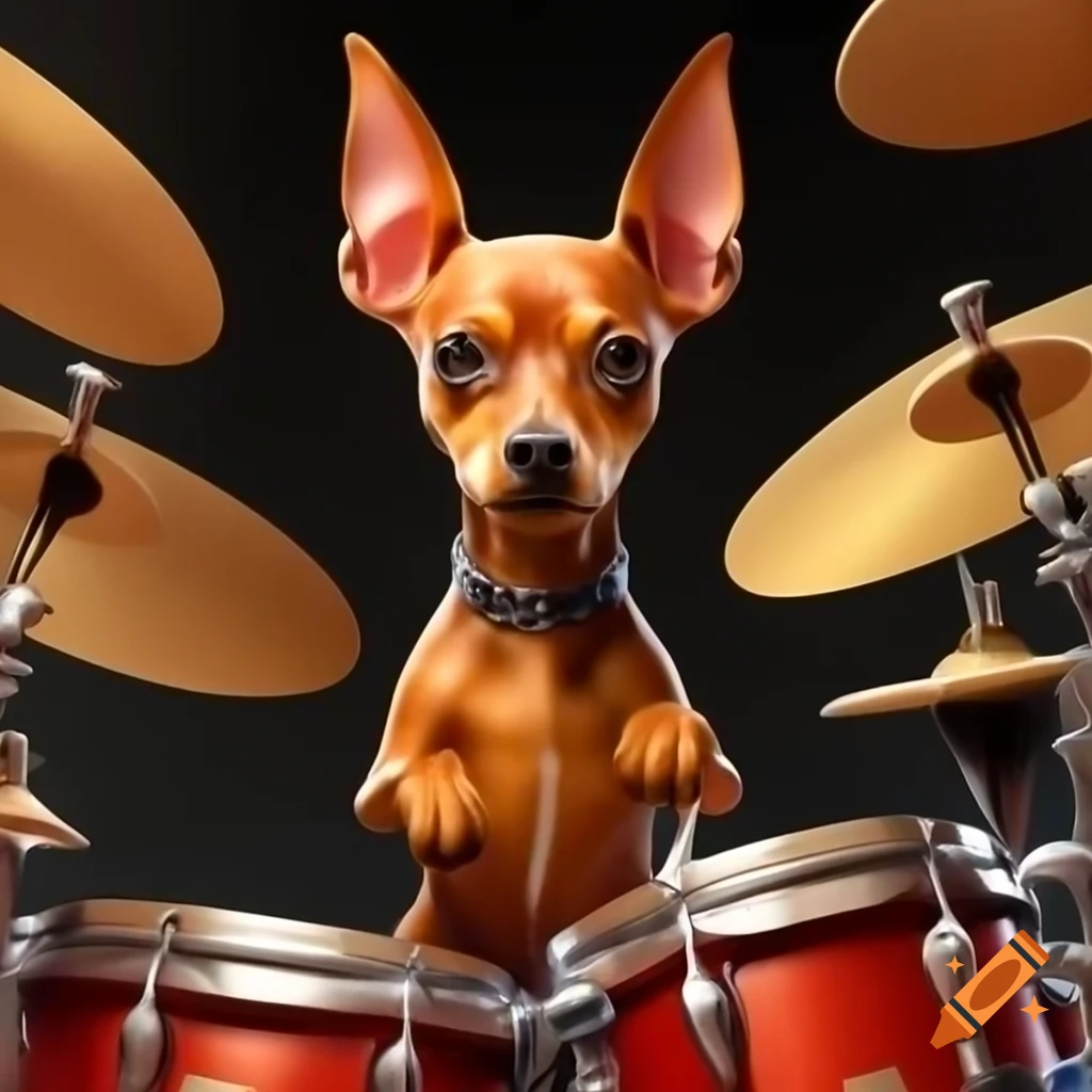 Brown miniature pinscher playing drum set