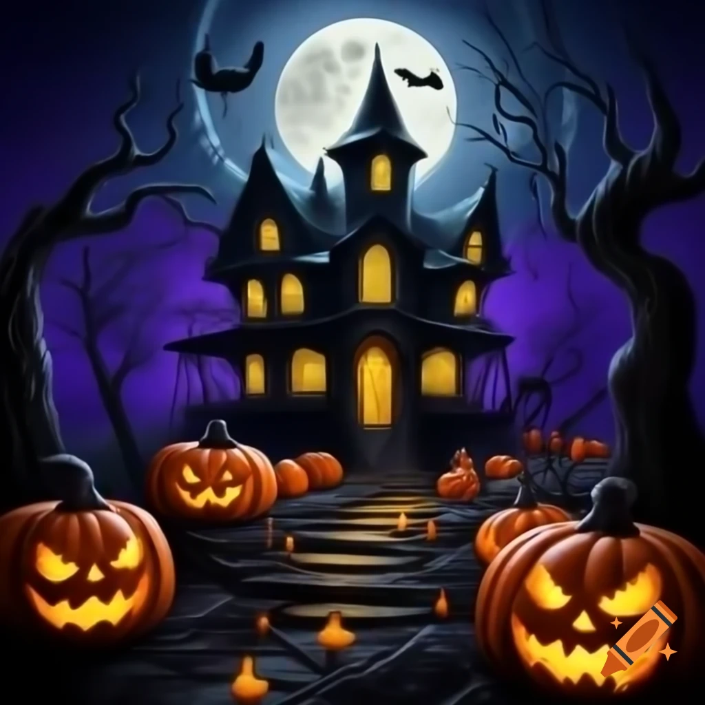 Halloween scene with haunted house, glowing windows, twisted trees, and full moon with bats