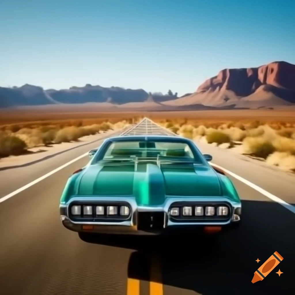 1972 Gran Torino driving on lonely desert road at sunset with mountains in background