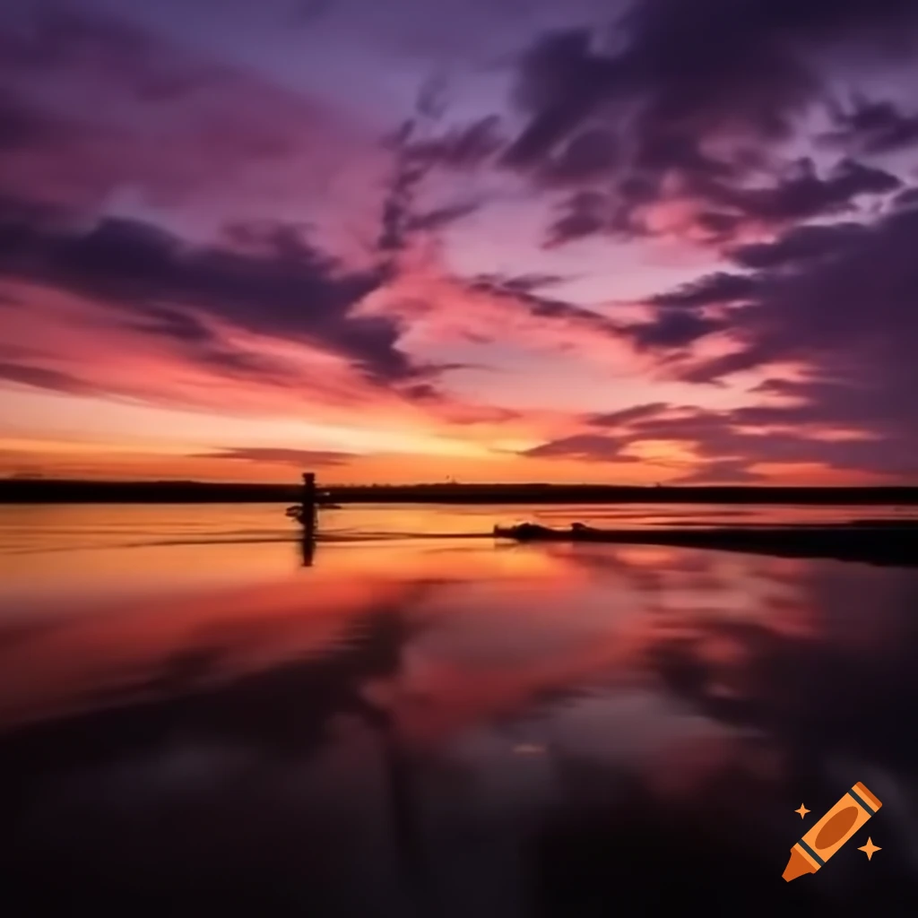 Purple sunset background with two people fishing