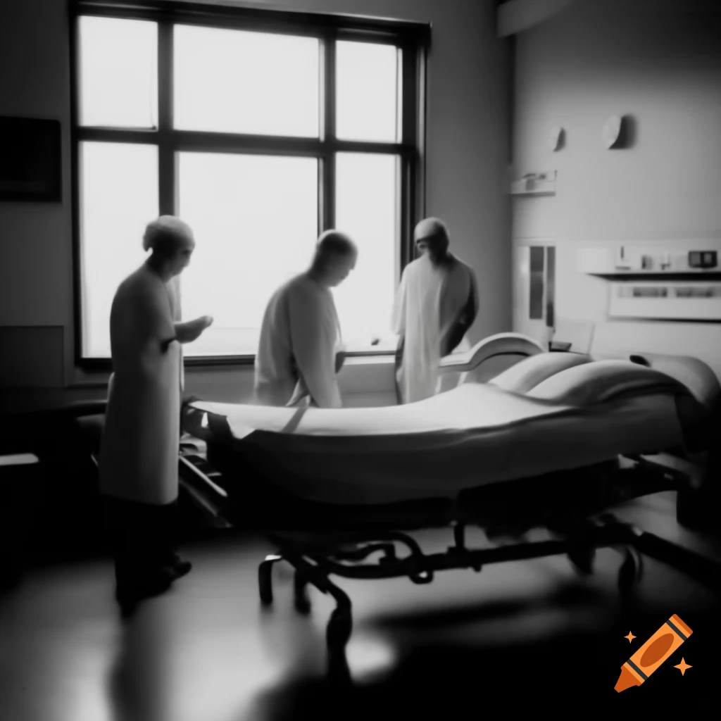 Hospital room with three patients and one caretaker