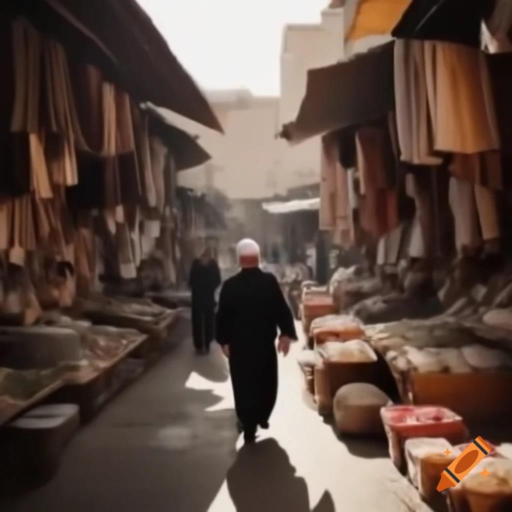 Ibn Sina walking in a vibrant market setting