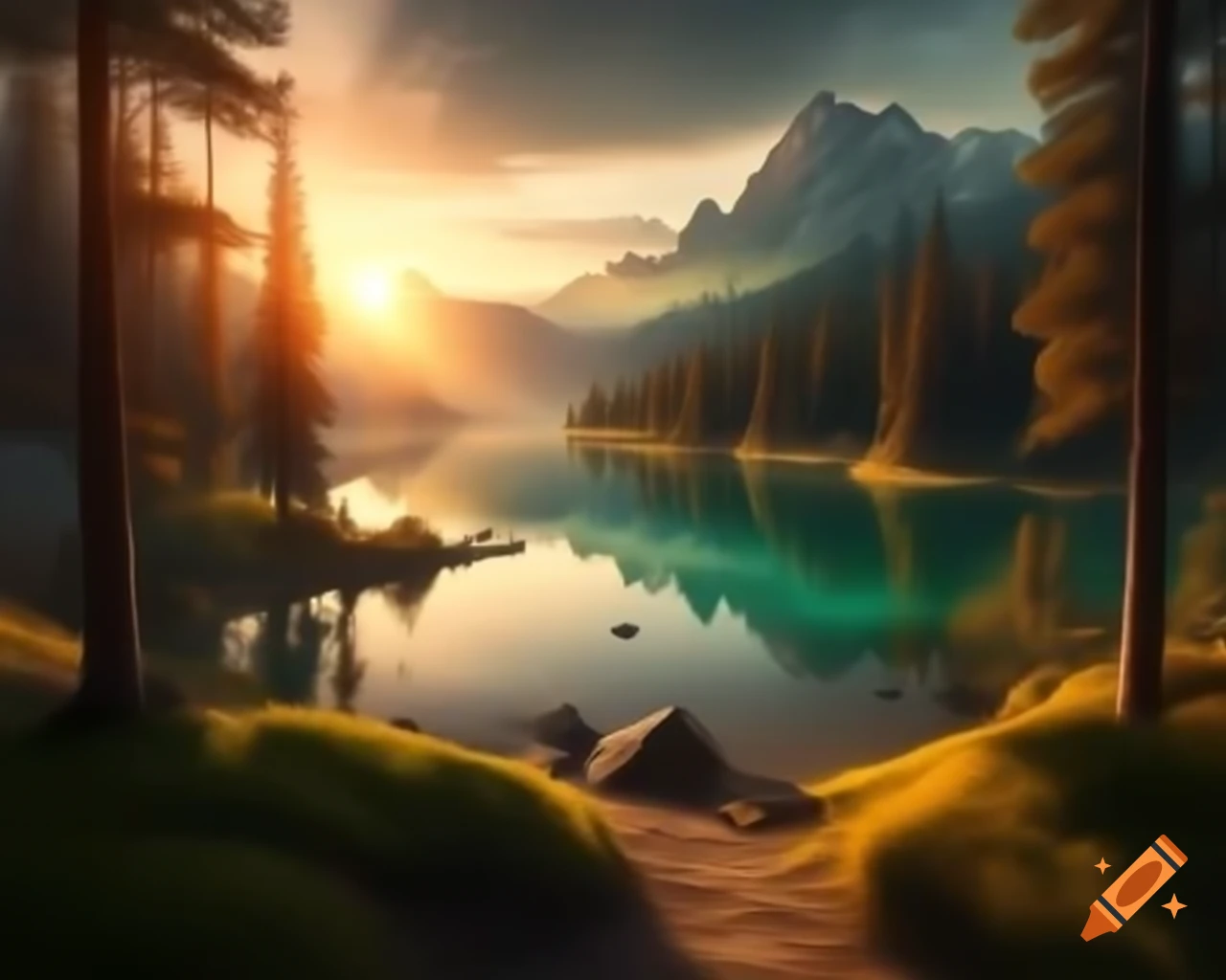 Surrealistic orange monster in forest by lake at sunset with reflections
