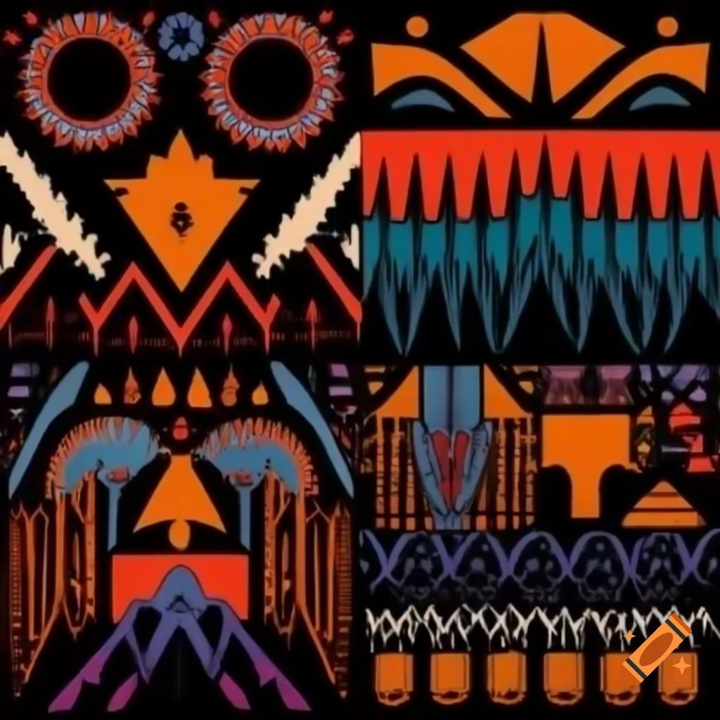 Color serigraph of native Salish motifs featuring fantasy creatures and animal-human hybrids