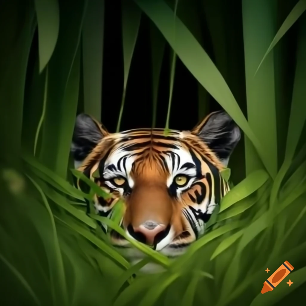 Tiger camouflaged in grass within jungle environment