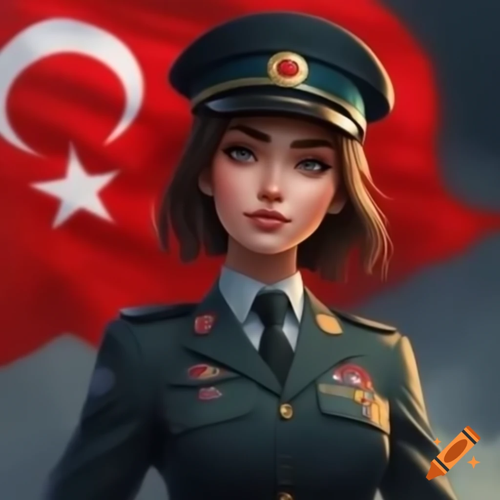 Anime girl style Turkish commander with Turkish flag in uniform