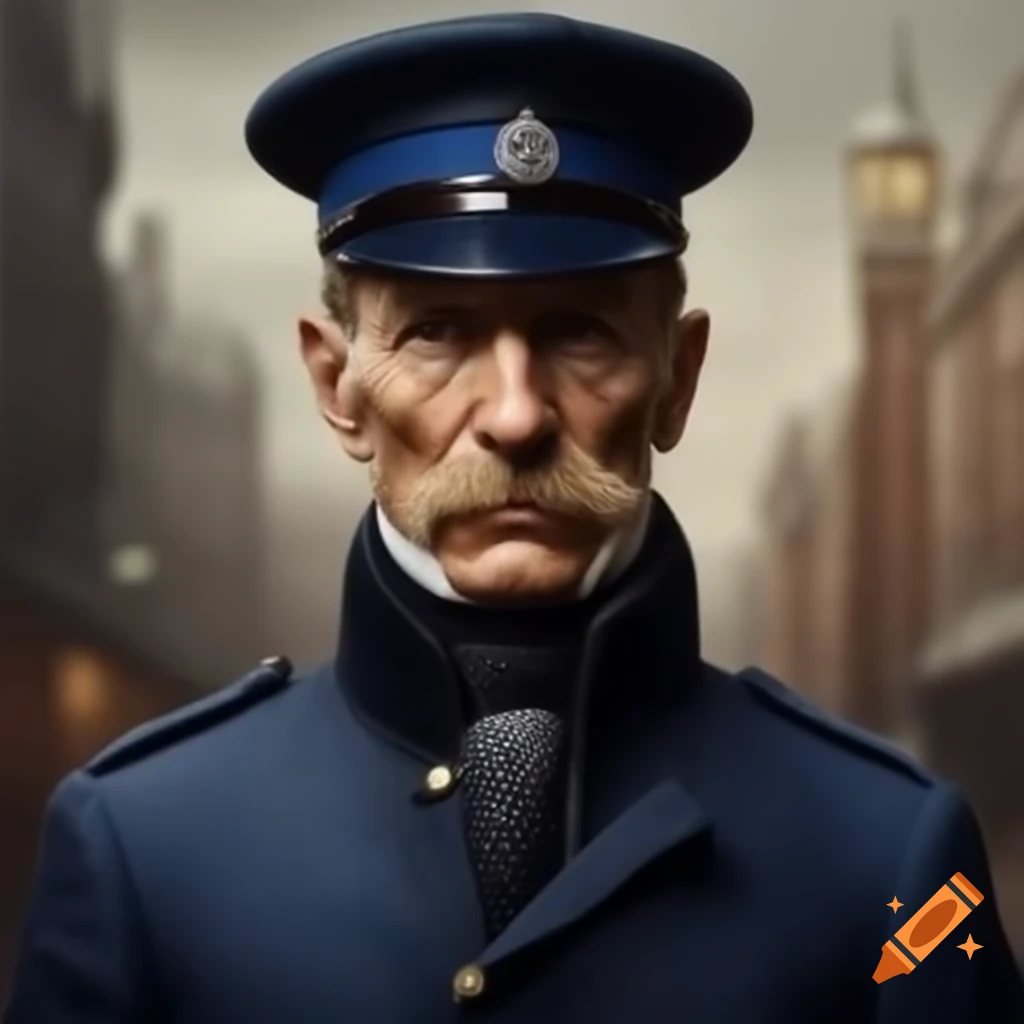 Realistic portrait of athletic tall thin inspector in Victorian London police uniform