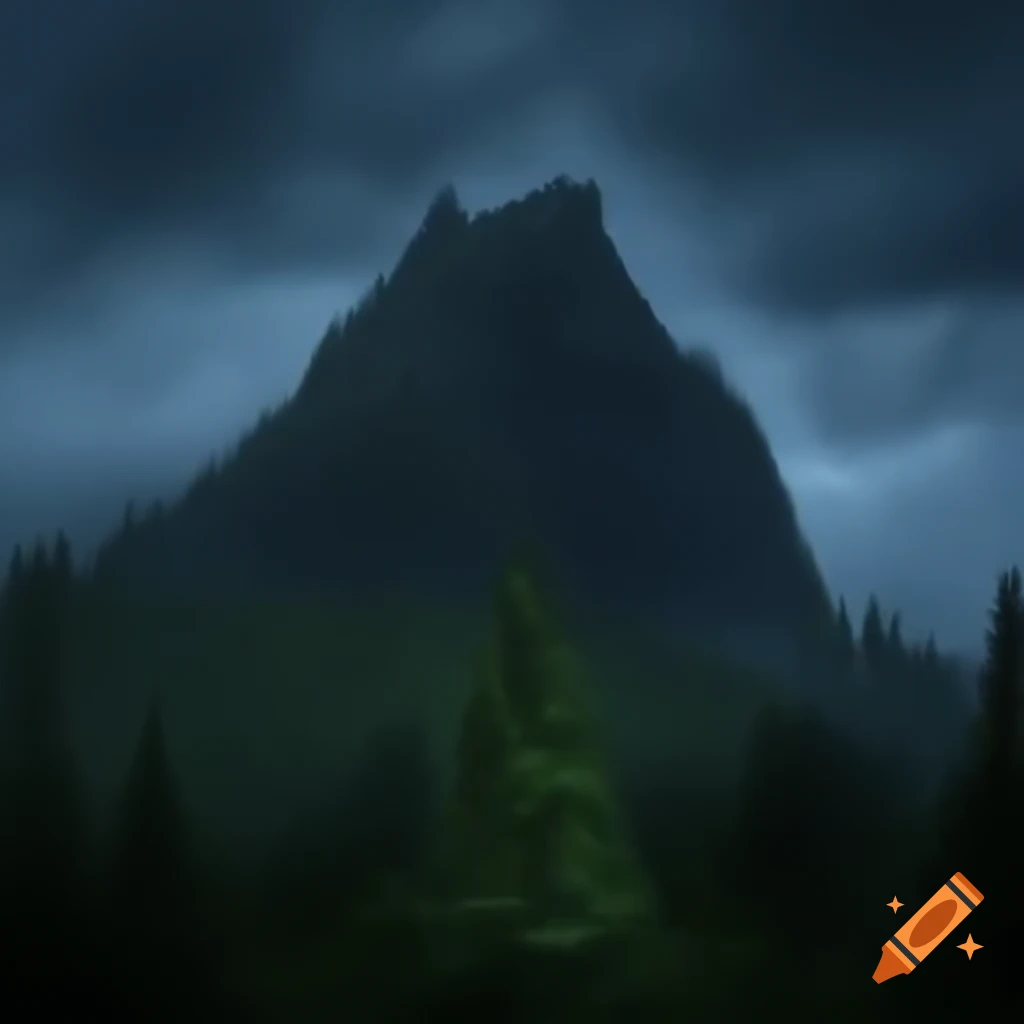 Creepy mountainslope under dark rainy sky with skeleton tree in foreground