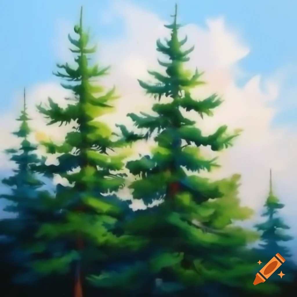 Twin pine trees in romantic oil painting style