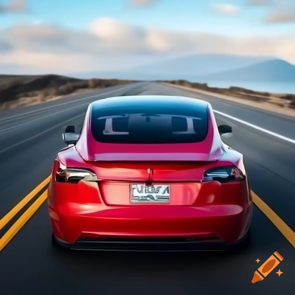 Tesla Model S from rear and above on highway with Hawaii novelty license plate