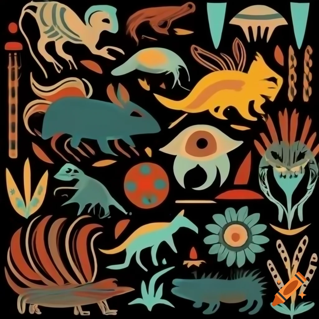 Color serigraph of Salish motifs with fantasy creatures and spirit masks inspired by Ivan Bilibin