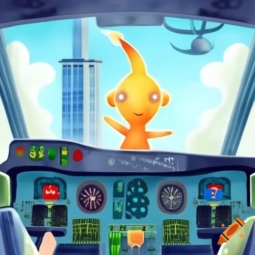 Pikmin in cockpit of 737 airplane flying towards skyscraper