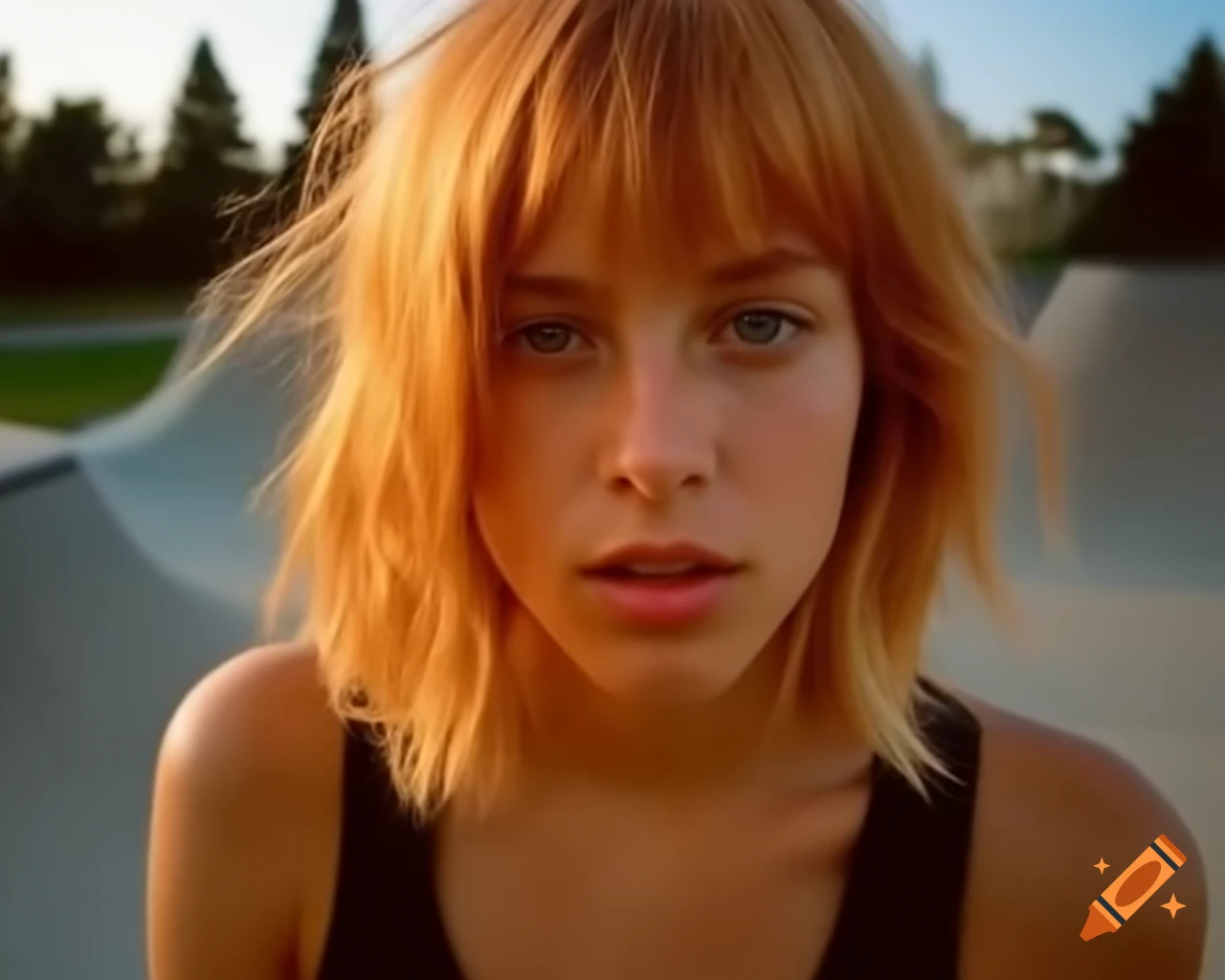 Hyper-realistic portrait of a blushing French female delinquent in a skate park