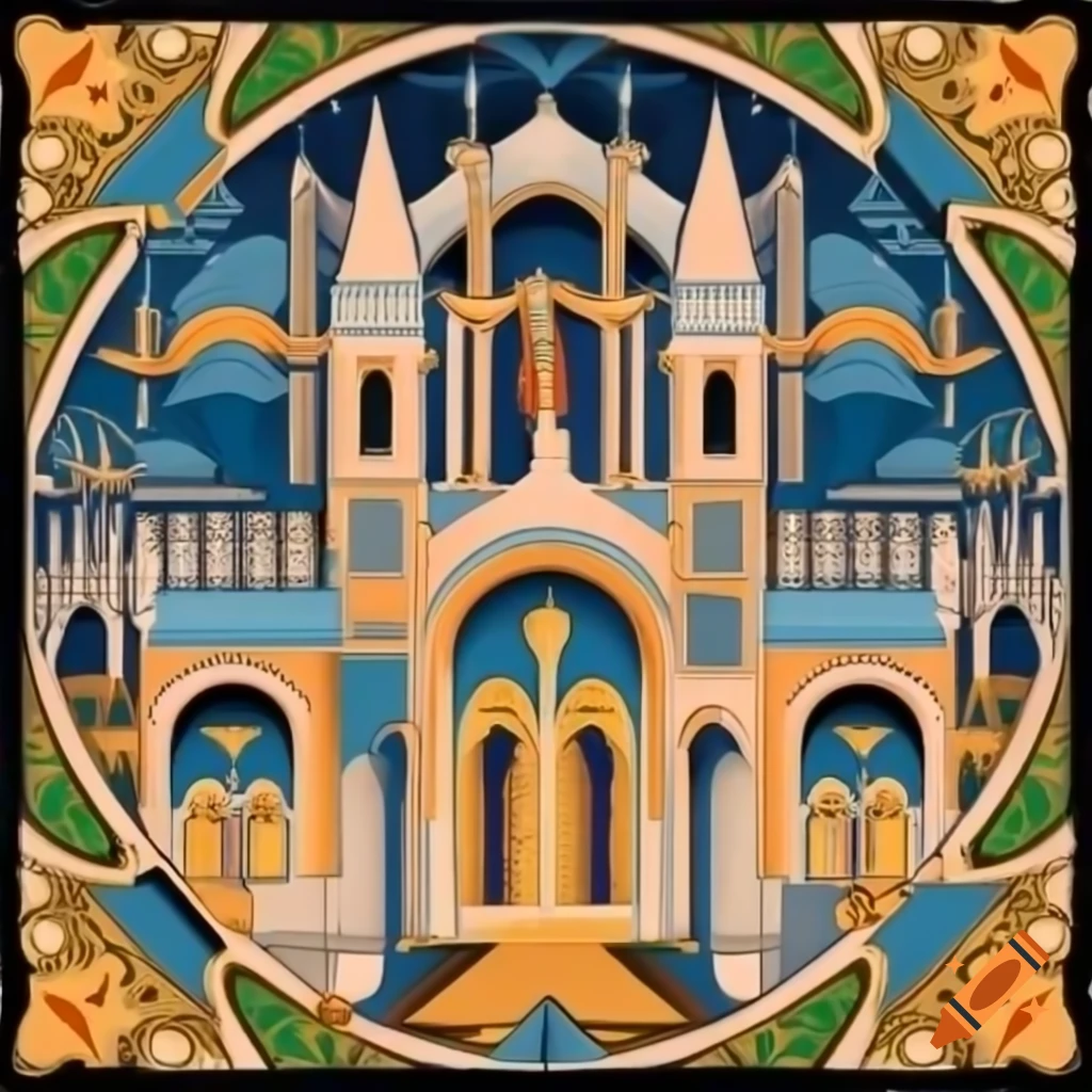Romanesque-style mural of medieval cathedral with arches and sculptures in royal blues and golden oranges