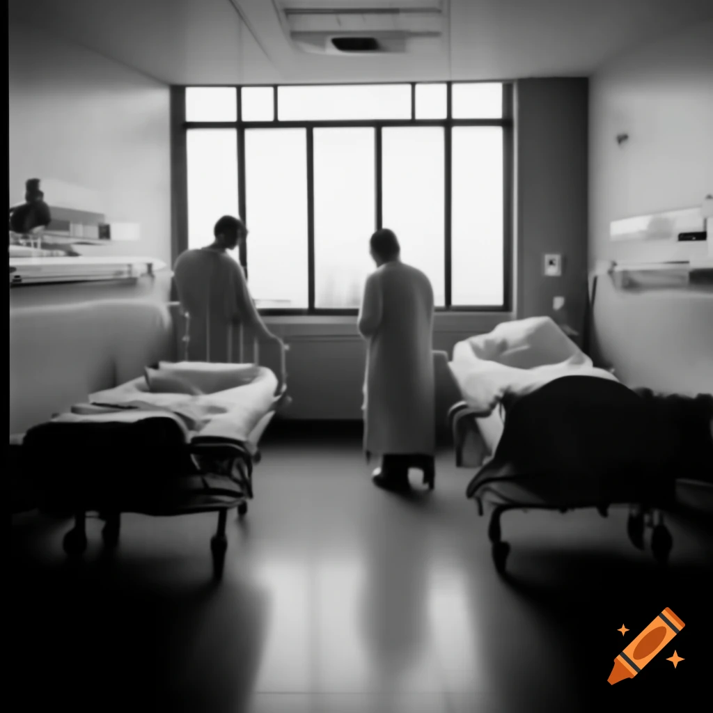 Hospital room with three patients and one caretaker
