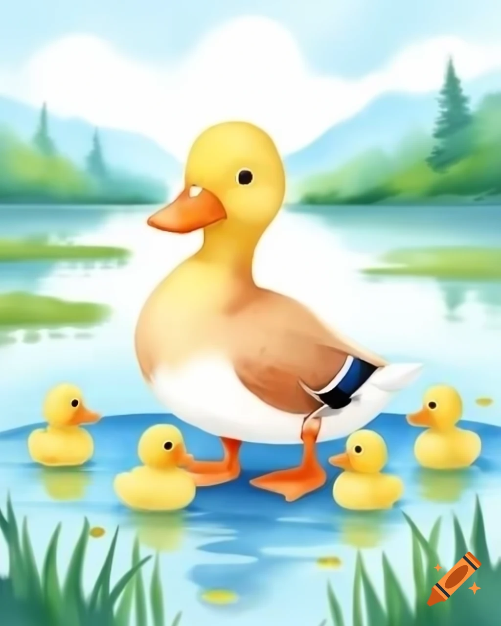 Cartoony duck with ducklings by the lake, watercolor style