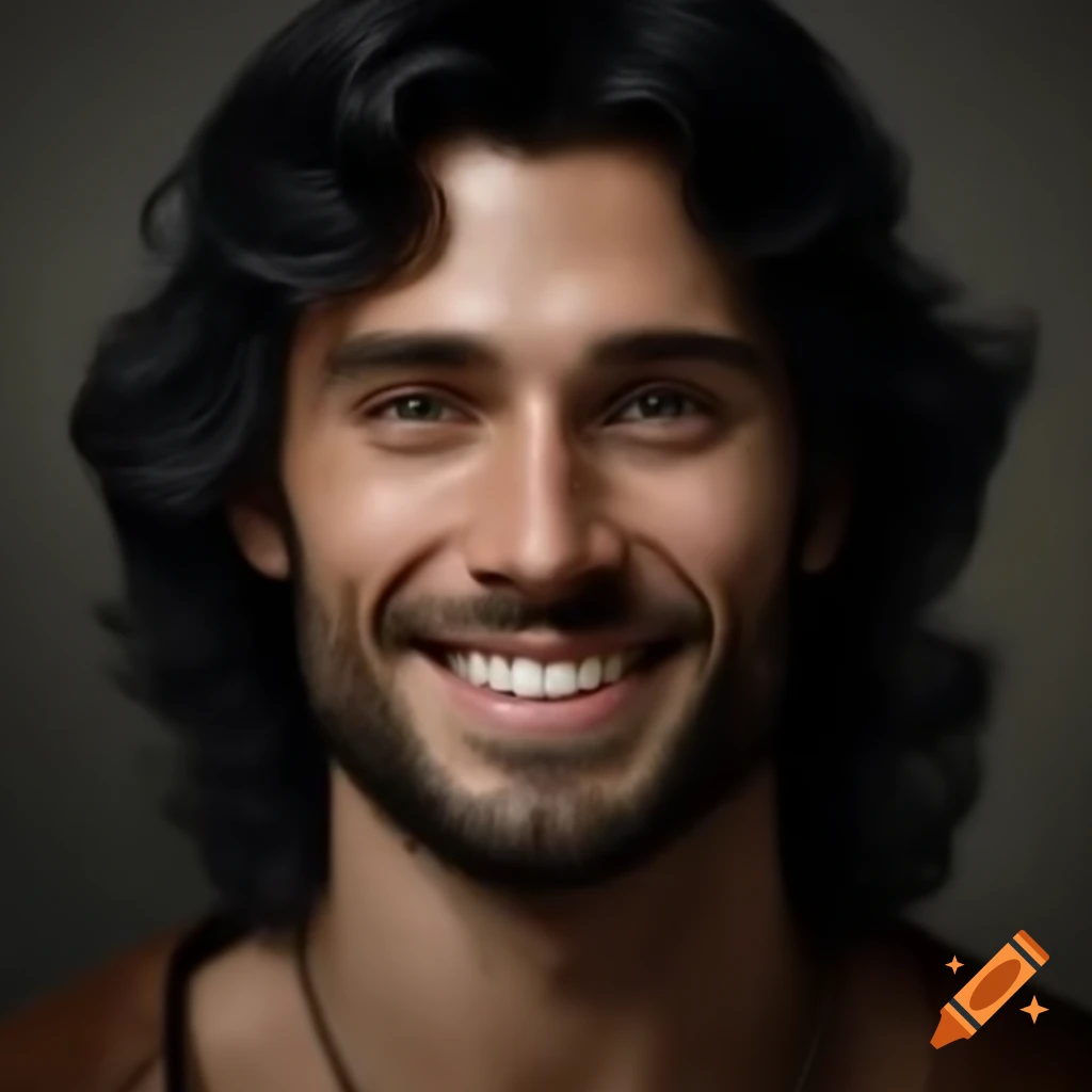 Realistic portrait of cheerful renaissance nobleman with black hair