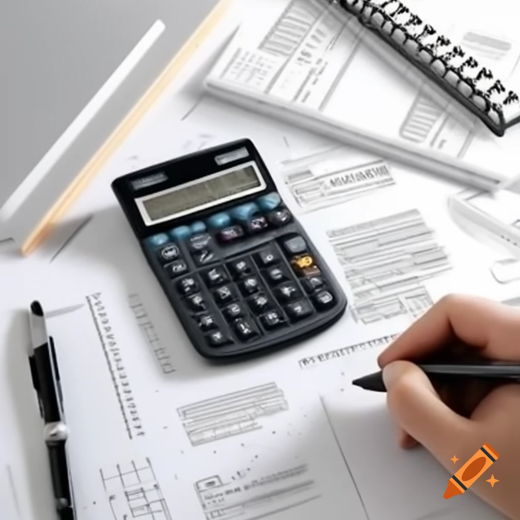 Modern calculator, stylish pen, and hand writing on tax documents on a desk