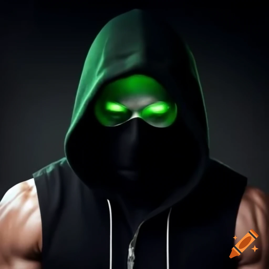 Muscular male with glowing green eyes in black sleeveless hoodie and ski mask