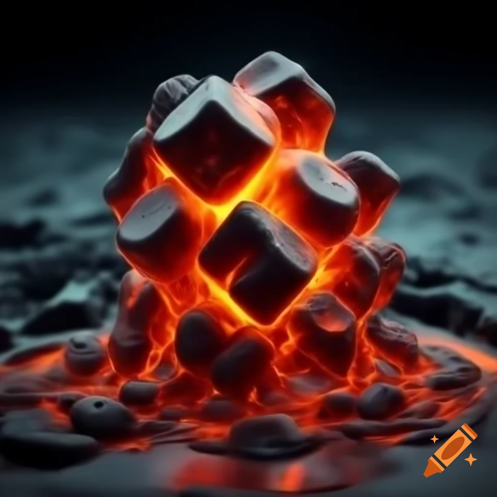Hyper realistic Magma Slime Cubes against a hellish background