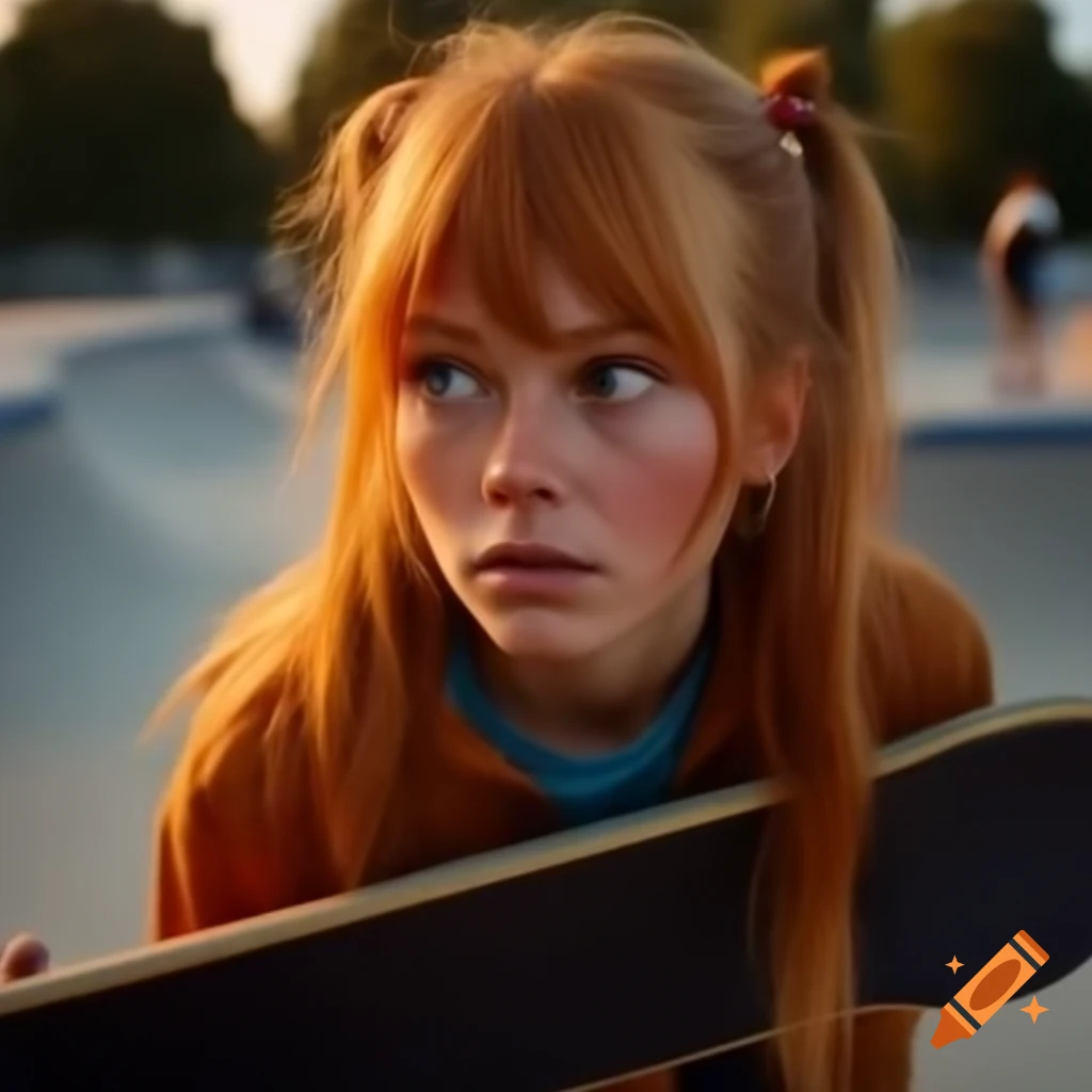 Grumpy blushing Asuka Langley on skateboard in skate-park, hyper-realistic details