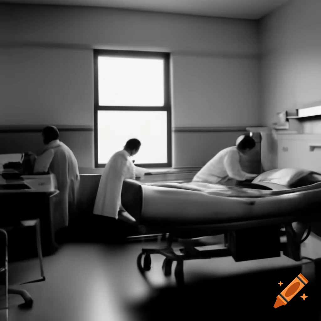 Hospital room with three patients and one caretaker
