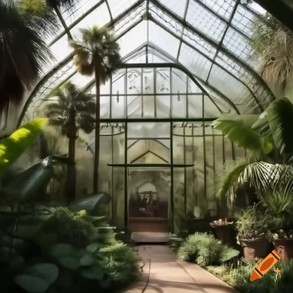 19th century greenhouse with library and lush vegetation including palm trees