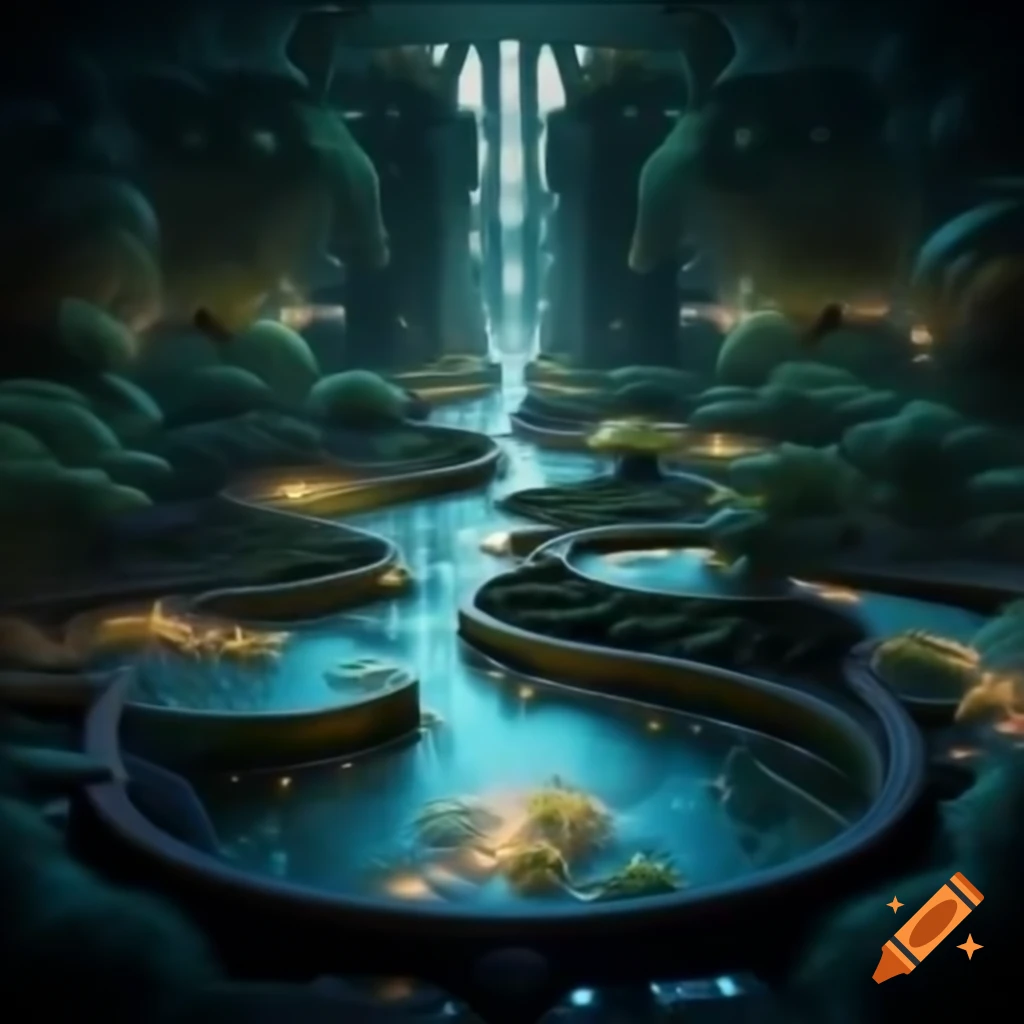 Vibrant gardens with bioluminescent flora and glowing pathways