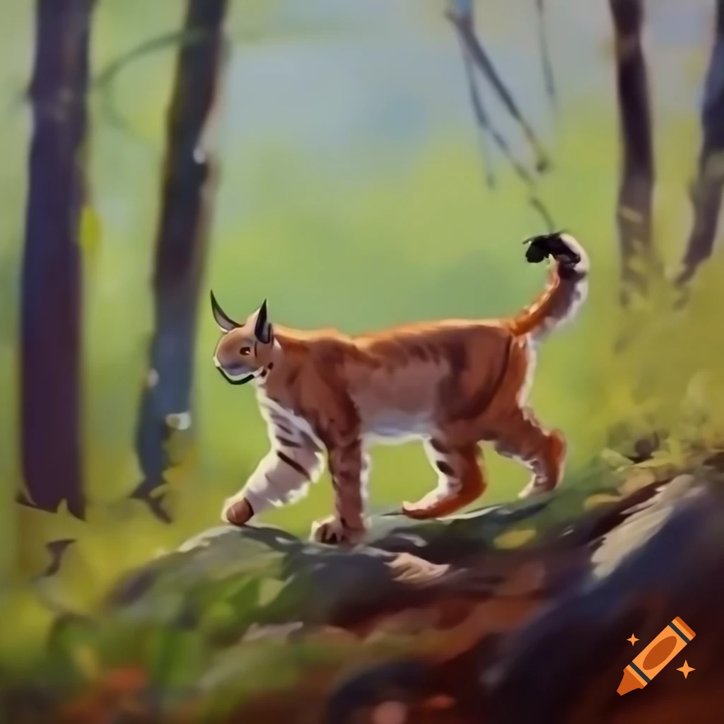 Lynx in forest habitat, oil painting with impressionist style and visible brush strokes