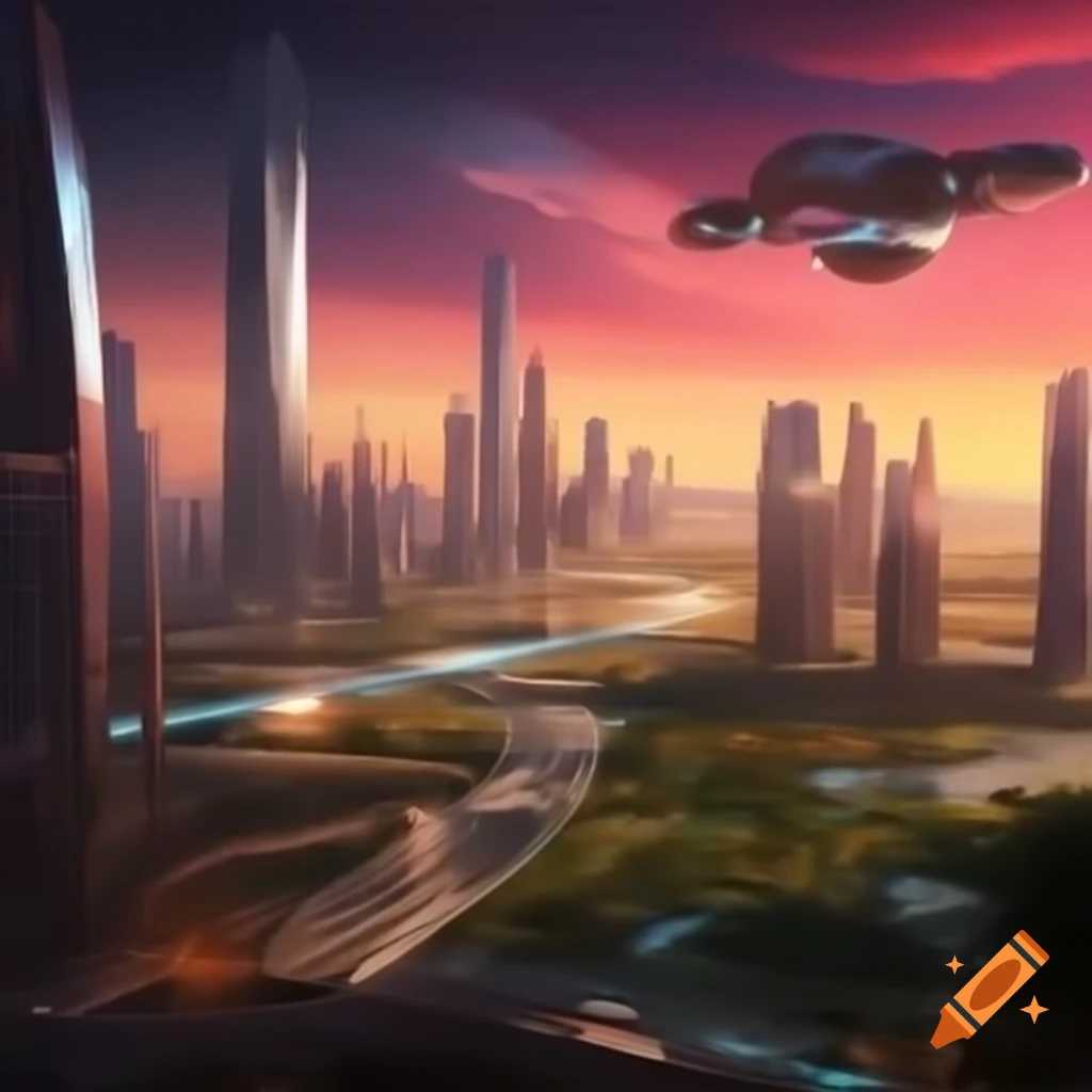 Futuristic cityscape at sunset with skyscrapers and flying vehicles