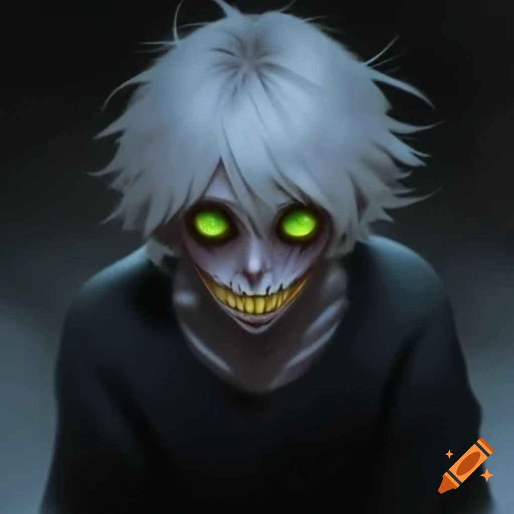 Ominous man with gray skin, creepy grin, and long white hair wearing a black sweater